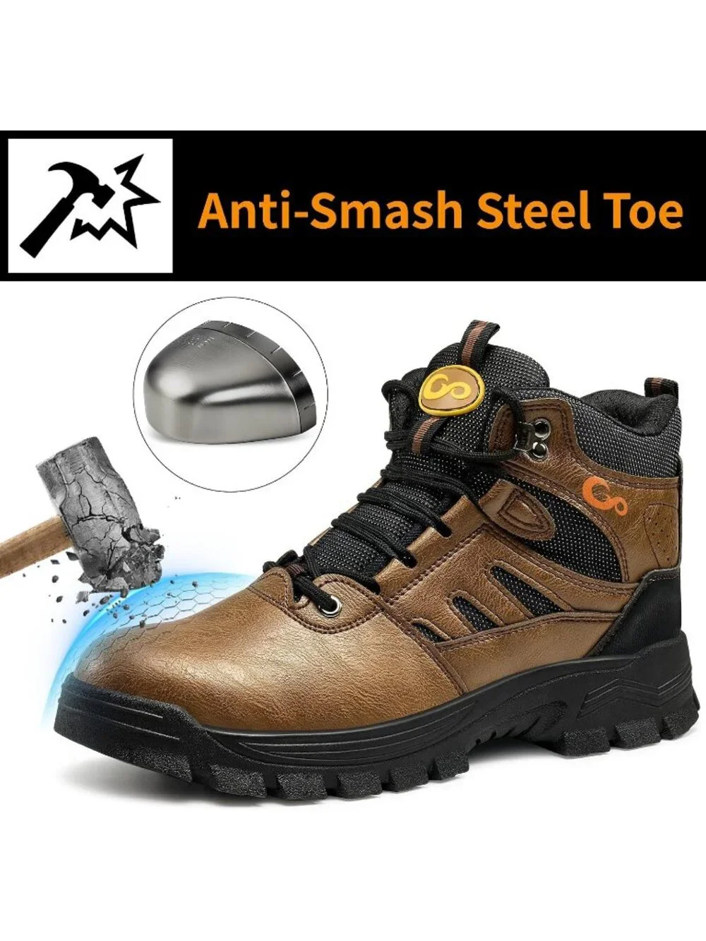 Men's Brown Waterproof Shoes Solid High Top Steel Toe Outdoor Hiking Boots